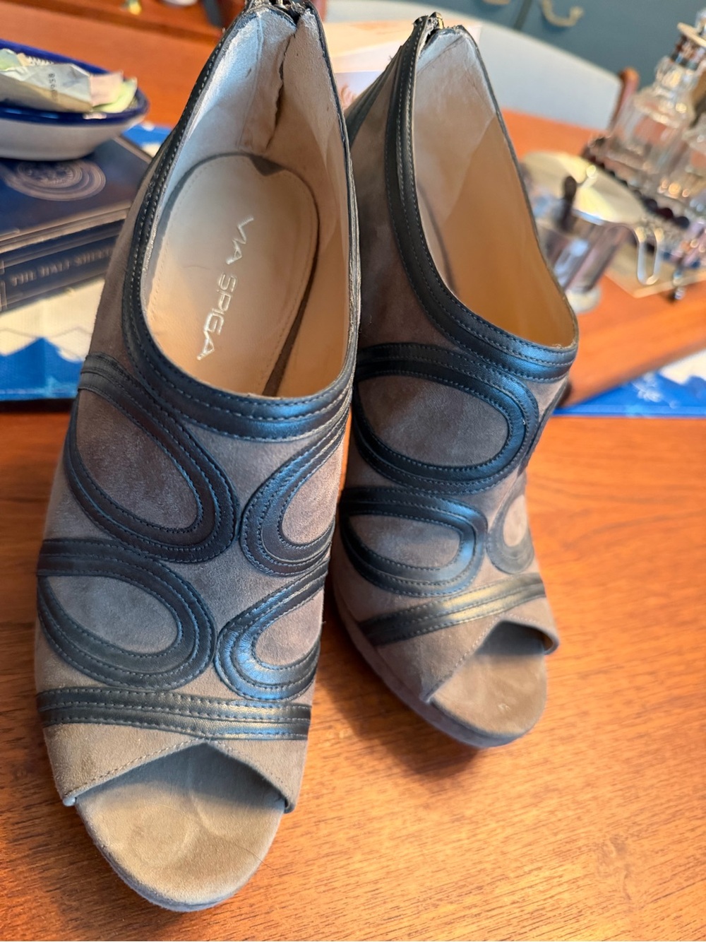 Via Spiga Taupe Suede and Grey Trim Peep-Toe heels